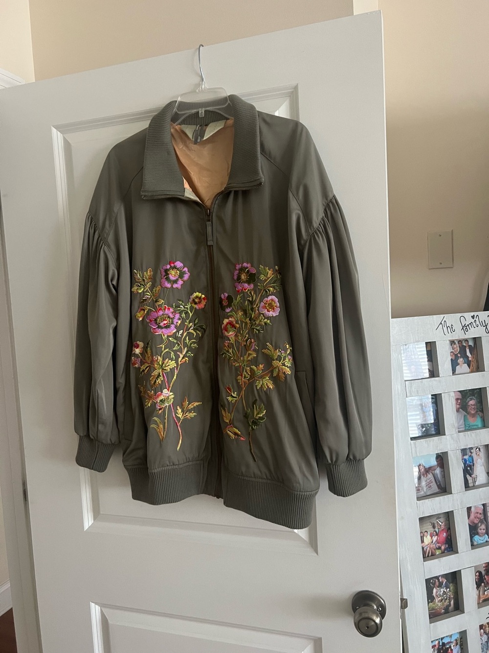 Anthropologie Olive Floral Embroidered Bomber Jacket